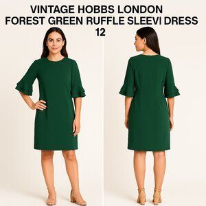 Vintage Hobbs London Forest Green Ruffle Sleeve Dress 12